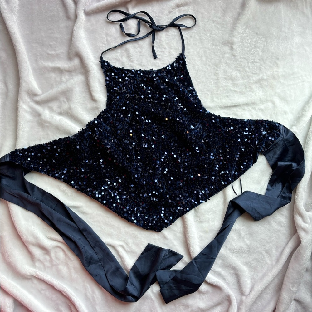 Altar’d State navy blue embellished Sequin Halter open back crop top